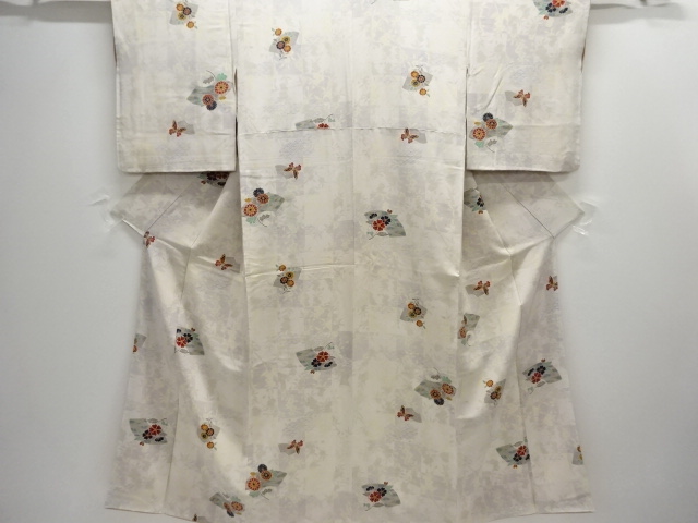 JAPANESE KIMONO / KOMON / SILK / FOLDING FAN & FLOWERS & BUTTERFLY
